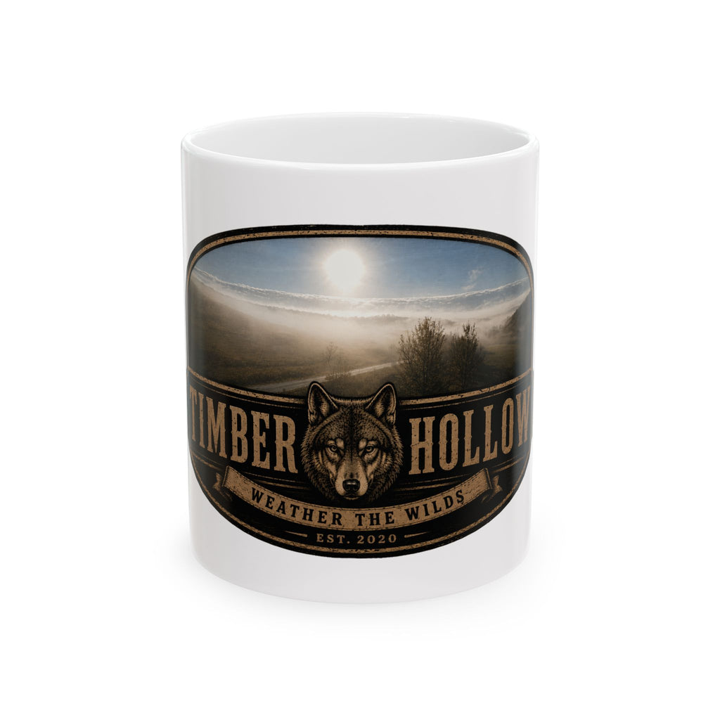 Rustic Wolf Cabin Mug — 'Timber Hollow' Scenic Ceramic Coffee Cup (11oz/15oz)