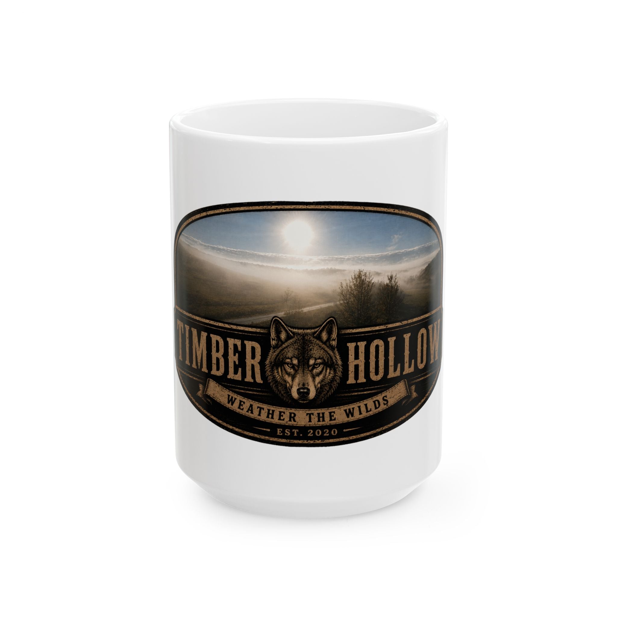 Rustic Wolf Cabin Mug — 'Timber Hollow' Scenic Ceramic Coffee Cup (11oz/15oz)